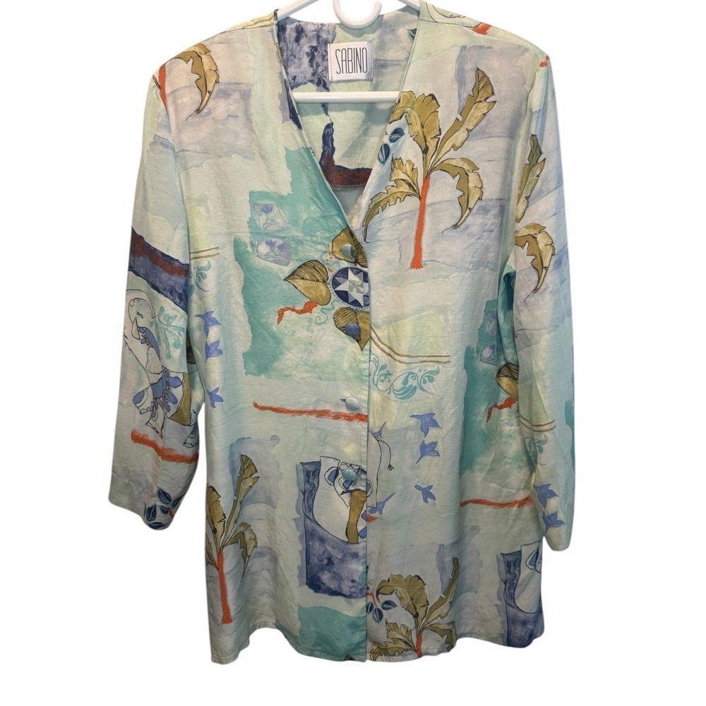 VTG Sabino Womens Multicolor Tropical Elephant Button Down Blouse Art Print 16